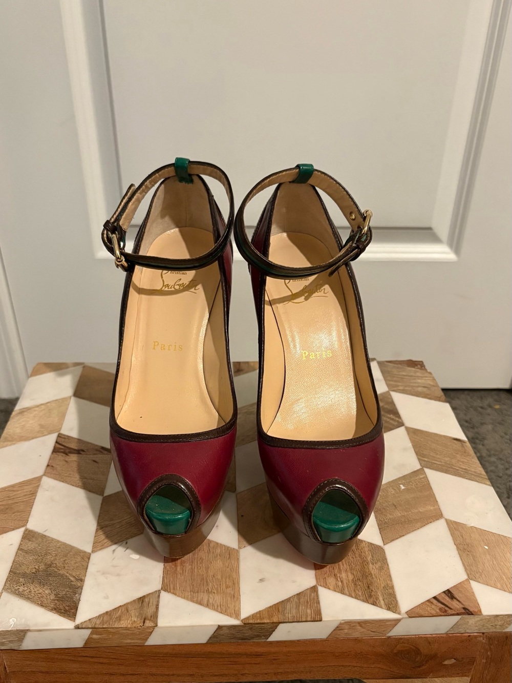 Christian Louboutin Burgundy and Green Peep-Toe Ankle-Strap Heels